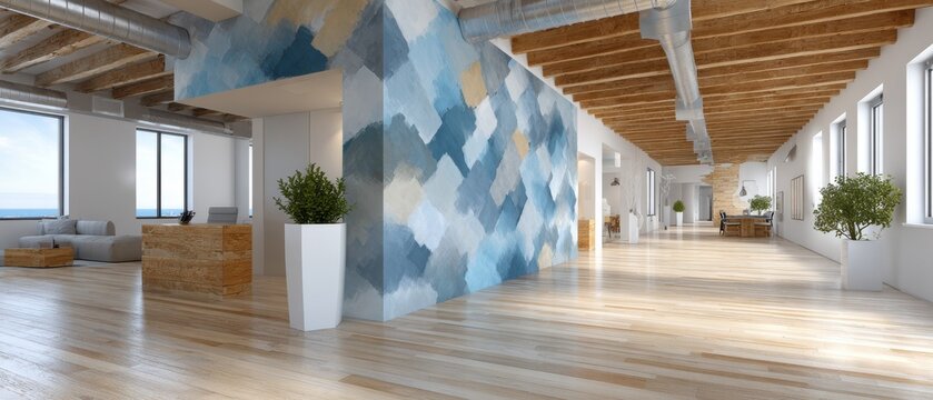 Modern office interior with abstract wall design and bright natural light creating a spacious atmosphere for productivity