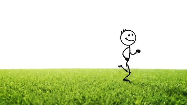 Happy stick figure running on grass