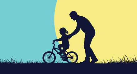 Obraz premium A father teaches his young daughter how to ride a bicycle in the park.