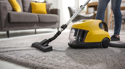 Fototapeta premium Vibrant Yellow Vacuum Cleaner Tidies Living Room Carpet