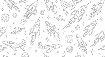 Fototapeta premium Space Exploration Pattern with Rockets, Jets, Planets, and Stars in Line Art Style