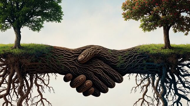Conceptual Illustration of Two Distinct Trees with Roots Forming a Handshake, Symbolizing Environmental Partnership, Unity, and Harmonious Connection Between Nature and Humanity