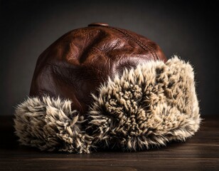 Brown leather hat with fur trim on a wooden surface