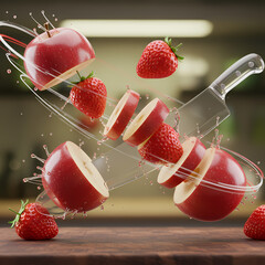 Slice of Freshness: A vivid close-up captures a red apple and strawberries mid-air being sliced by a professional knife against a backdrop of blurred indoor setting.