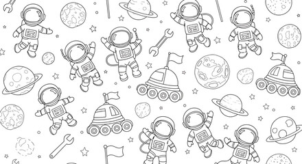 Cute Space Astronauts and Planets Seamless Pattern for Coloring