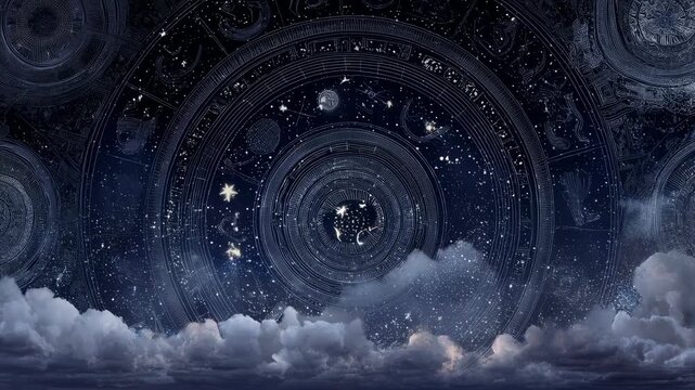 Zodiac and Prediction concept ,night sky celestial chart cloud star zodiac wheel constellation map evoking wonder mystery