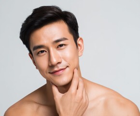 A handsome man with a pleasant expression, his hand gently caressing his cheek, displays healthy, glowing skin against a neutral backdrop.