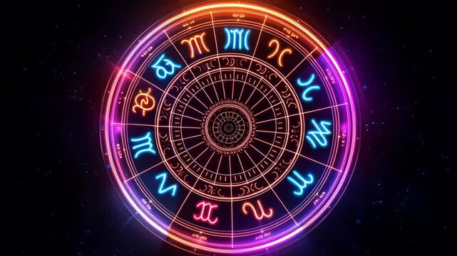 Zodiac and Prediction concept ,Neon zodiac wheel glowing with cosmic light and mystical energy, astrological sign symbols circle