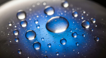 Close-up of numerous clear water droplets scattered across a reflective, metallic surface with a blue-toned illumination.