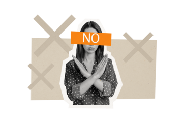 Composite trend artwork 3D image photo collage of silhouette young lady stand hand show gesture nonverbal say no cross disagree rejected