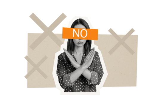 Composite trend artwork 3D image photo collage of silhouette young lady stand hand show gesture nonverbal say no cross disagree rejected