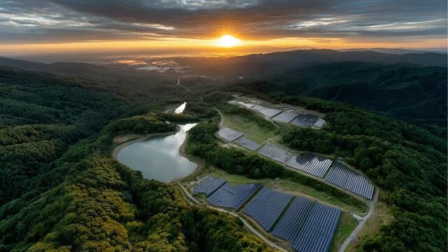 Renewable Energy Paradise: An awe-inspiring aerial perspective unveils a modern photovoltaic solar farm gracefully integrated within a verdant mountain landscape.