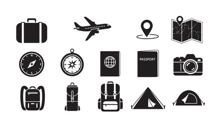 Travel icons set for adventure planning and trip preparation Minimalist black design Isolated on white backgro