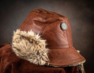 Brown leather hat with fur trim