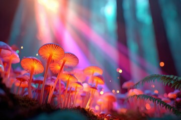 Naklejka premium Glowing mushrooms in a mystical forest