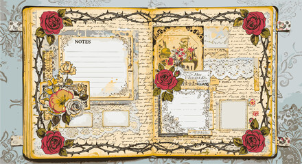 Naklejka premium Vintage scrapbooking template with floral decorations and empty frames in a distressed design viewed from directly above