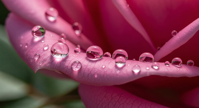 Close-up macro view of glistening water droplets resting on the delicate pink petals of a rose flower, reflecting light and color.