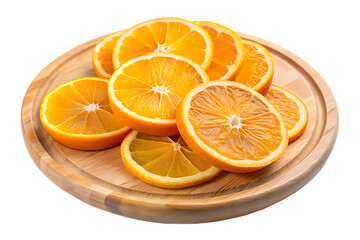 Assorted Orange and Lemon Slices on Wooden Plate with Green Leaves citrus fruit isolated on a transparent background