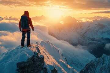 Fototapeta premium A climber stands triumphantly on a snowy mountain peak at sunset, overlooking a breathtaking view of clouds and mountains