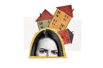 Composite trend artwork 3D sketch image photo collage of silhouette young lady half head think hold three house building rent real estate
