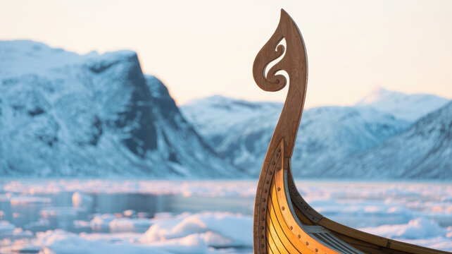 Viking wooden longship prow sailing in icy fjord with majestic snow capped mountains under soft sunset light - Powered by Adobe