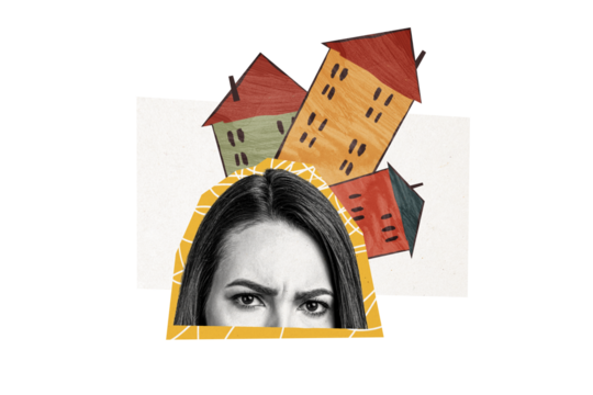 Composite trend artwork 3D sketch image photo collage of silhouette young lady half head think hold three house building rent real estate