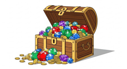 A treasure chest overflowing with colorful gems and gold coins, , creating a captivating scene of wealth and adventure illustration