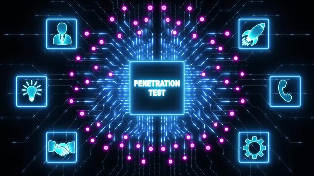 PENETRATION TEST inscription, cyber security concept.Abstract glowing blue circuit board background