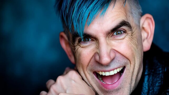 Man with vibrant blue hair smiling enthusiastically
