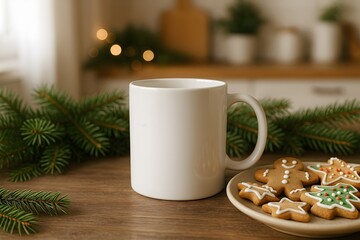 Warm mug and festive cookies on a wooden table with greenery in cozy kitchen decor during the holiday season