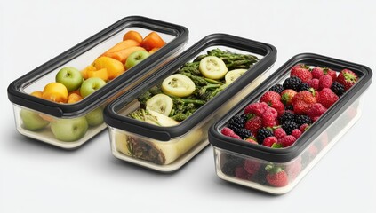 Three rectangular food containers, filled with various fruits and vegetables
