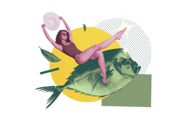 Composite trend artwork sketch image photo collage of summer season vacation young lady model swimwear hat moving huge fish vacation relax