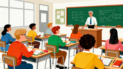 In the classroom, the teacher is giving a lesson to the students, with hand-drawn vector illustrations