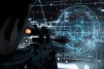 Focused sniper aiming at a high-tech digital target in a futuristic environment