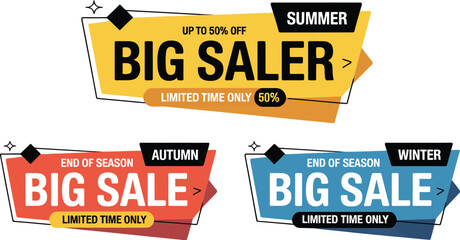 Exciting seasonal sale banners offering big discounts for summer, autumn, and winter shopping events.
