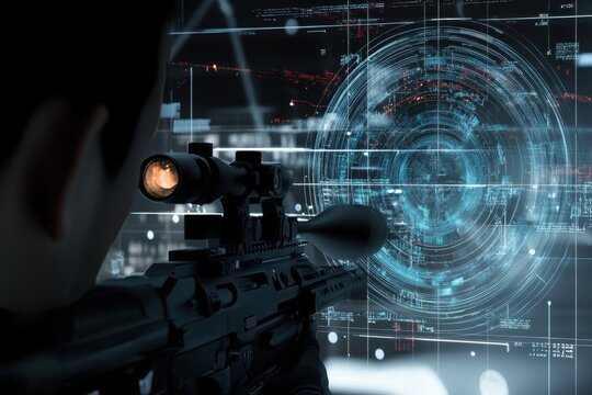 Focused sniper aiming at a high-tech digital target in a futuristic environment
