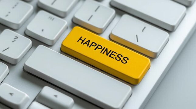 A Finger Presses a Vibrant Yellow Computer Keyboard Key Marked happiness, Symbolizing the Active Pursuit and Deliberate Action Towards Finding Joy and Positive Emotions