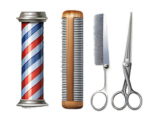 Barber Pole and Grooming Tools on Transparent Background scissors comb isolated on a transparent background