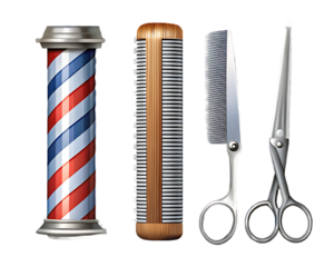 Barber Pole and Grooming Tools on Transparent Background scissors comb isolated on a transparent background