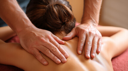 Mulher desfrutando de massagem nos ombros com um massagista em salão de spa © Leandro