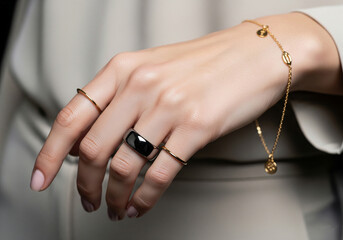 Close-up of woman hand elegantly adorned with modern jewelry and metallic smart ring on finger. Fusion of technology and style. Smart jewelry, luxury wearables, and modern digital lifestyle.