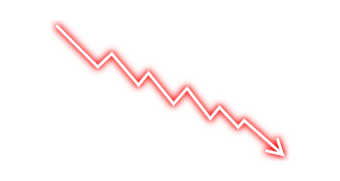 Down fall red neon glow arrow graph business loss concept, stock market investment downward direction, financial loss, stock market crash. Vector illustration.