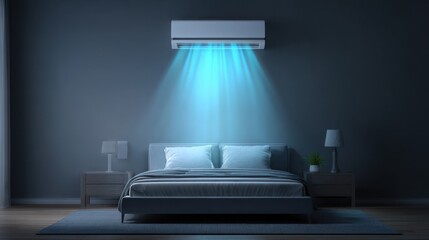 Modern Bedroom with Air Conditioner and Ambient Lighting for Comfort and Relaxation
