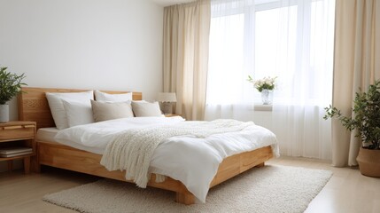 Cozy and Modern Bedroom with Wooden Bed and Natural Light from Large Windows