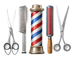 Barber Tools and Striped Pole Collection on Transparent Background scissors comb isolated on a transparent background
