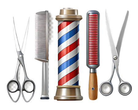 Barber Tools and Striped Pole Collection on Transparent Background scissors comb isolated on a transparent background
