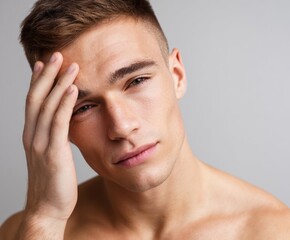 Close-up portrait of a man with a thoughtful expression, his hand resting on his forehead, showcasing smooth skin and a neutral tone.