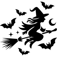 Halloween Witch Silhouette: A classic Halloween scene, a witch silhouette flying on a broom with bats and stars and the moon, casting an eerie shadow.