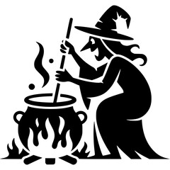 The Enchanted Cauldron: A silhouette of a whimsical witch stirring a bubbling cauldron over an open flame, conjuring an atmosphere of enchantment. 