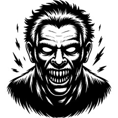 Obraz premium Zombie in the Dark: A menacing zombie bares its teeth with glowing eyes and sinister lightning bolts, in this black-and-white digital illustration, creating a scary atmosphere.